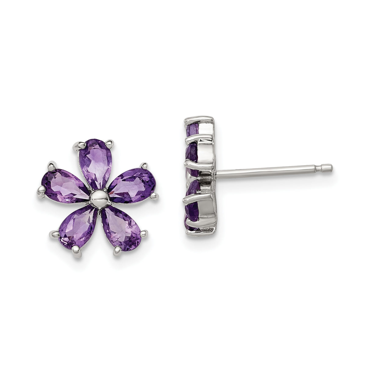 Sterling Silver Flower Stud Earrings with Amethyst Pear-Shaped Gemstones, Nature-Inspired Design