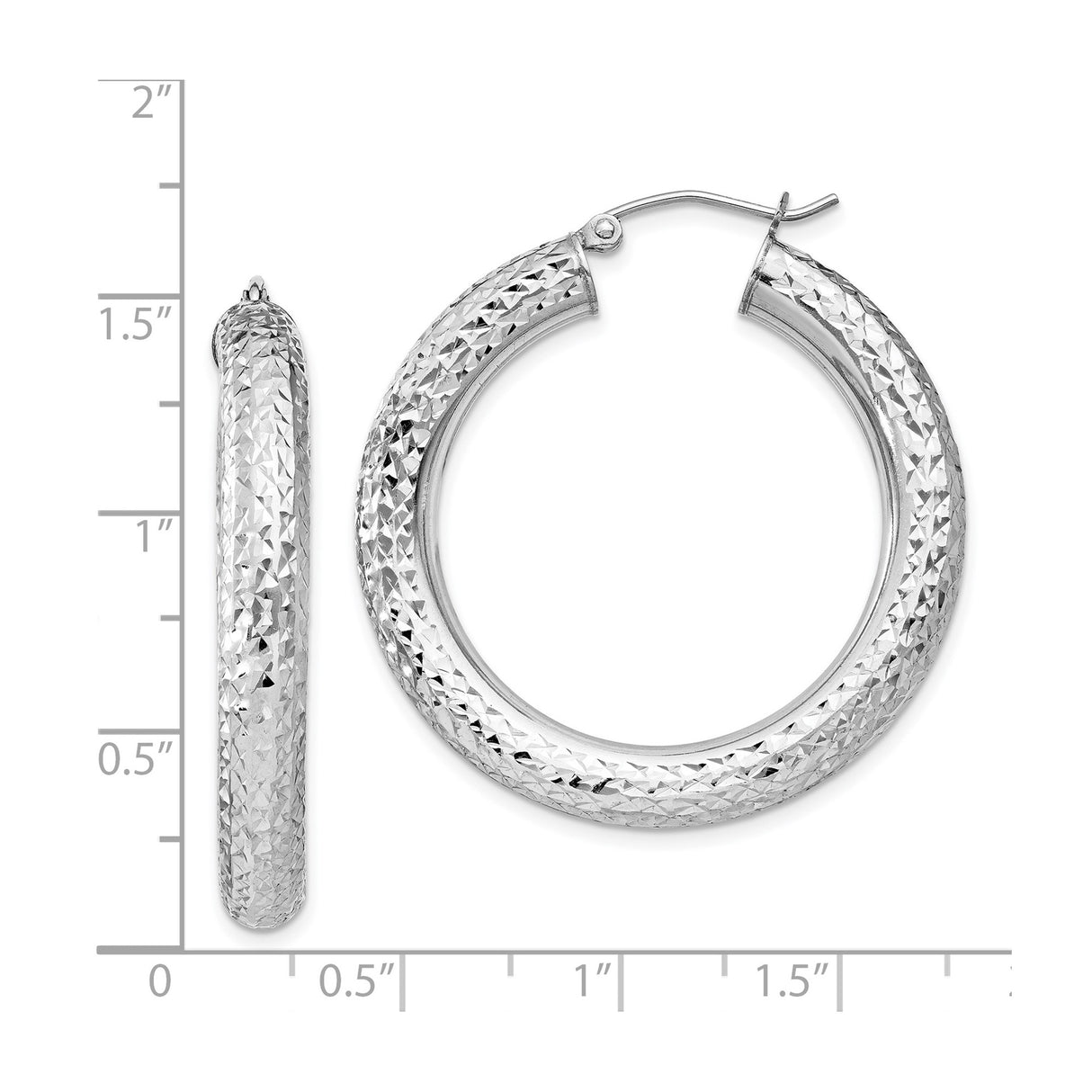 Sterling Silver Hoop Earrings with Diamond Cut Finish, Textured Round Design, Latch Back Closure