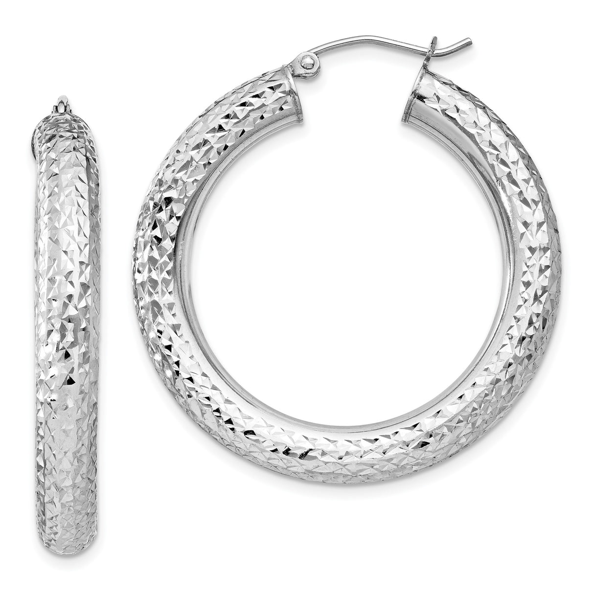 Sterling Silver Hoop Earrings with Diamond Cut Finish, Textured Round Design, Latch Back Closure