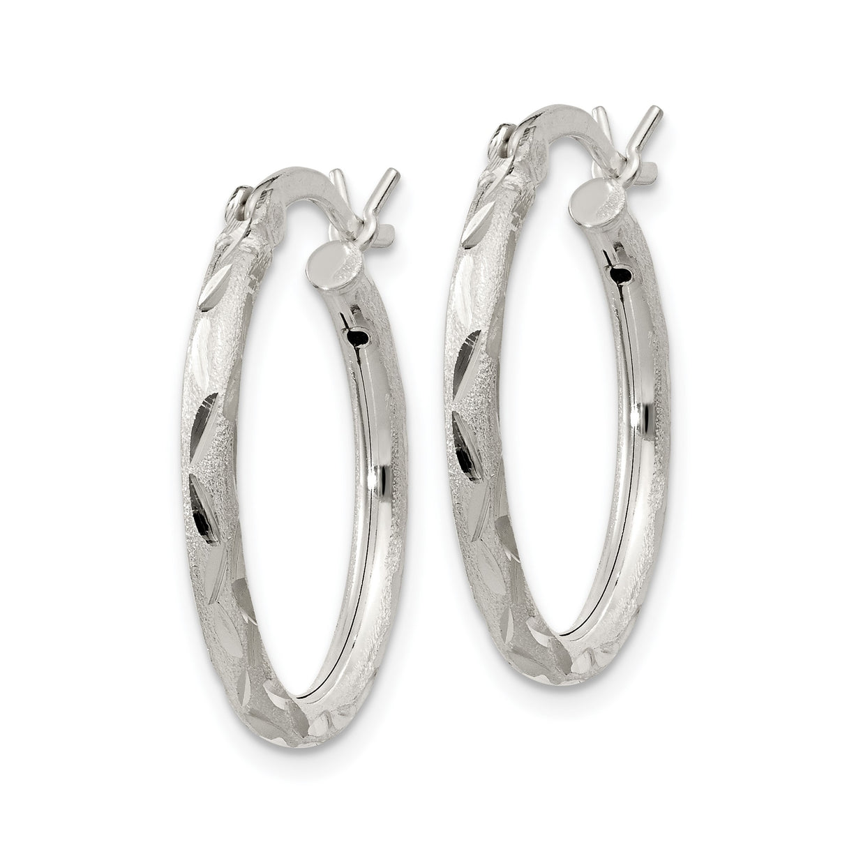 Sterling Silver Hoop Earrings, Textured Diamond Cut Round Design with Satin Finish