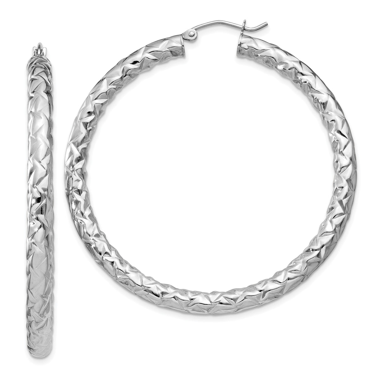 Sterling Silver Hoop Earrings with Diamond-Cut Texture, Large Lightweight Round Design for Women