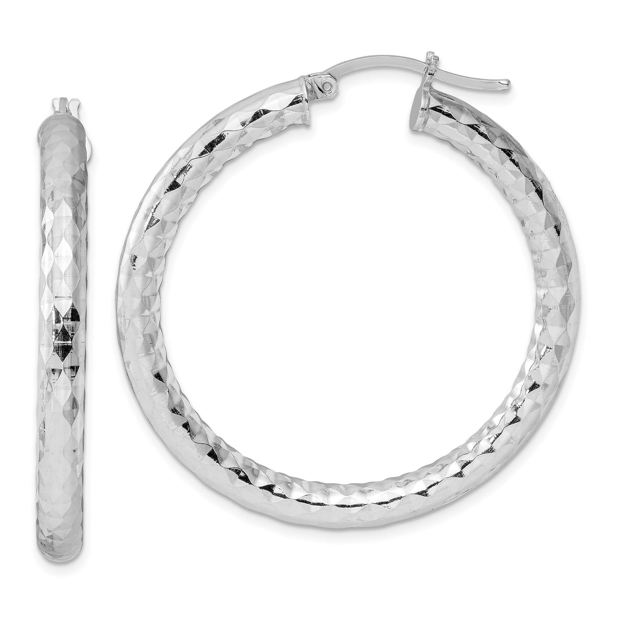 Sterling Silver Hoop Earrings, Large Textured Round Hoops with Diamond-Cut Finish