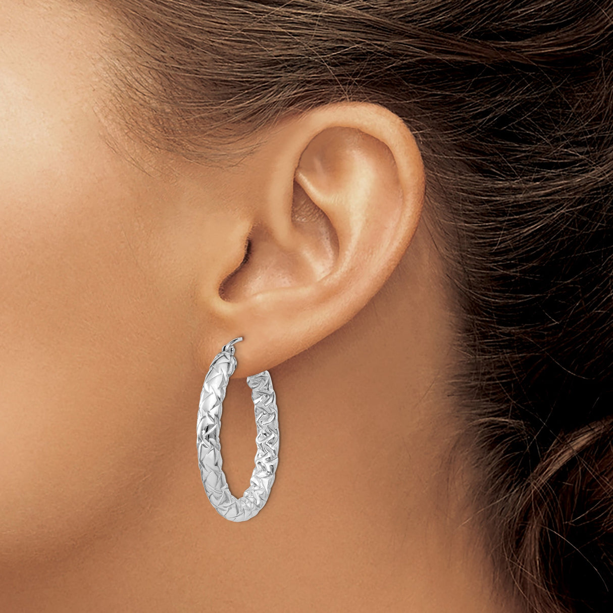 Sterling Silver Hoop Earrings, Textured Diamond-Cut Finish, Lightweight Classic Round Design