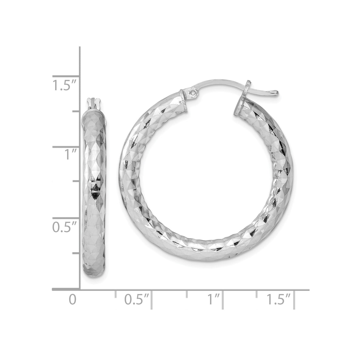 Sterling Silver Hoop Earrings, Textured Diamond-Cut Finish, Lightweight Classic Round Design