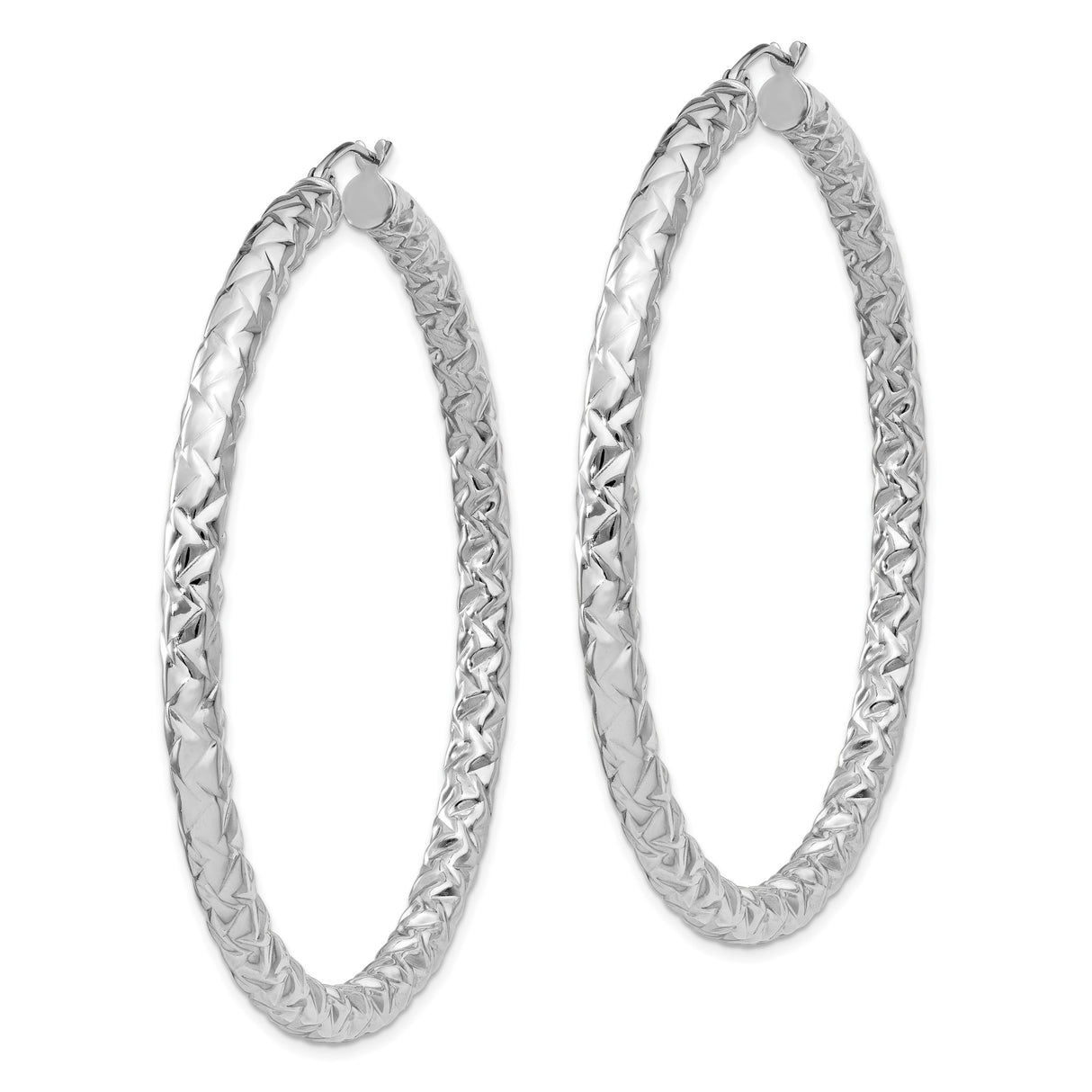 Sterling Silver Hoop Earrings with Diamond Cut Braided Texture, Lightweight Rhodium Plated Design