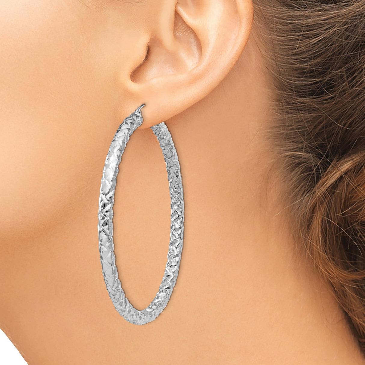 Sterling Silver Hoop Earrings with Diamond Cut Braided Texture, Lightweight Rhodium Plated Design