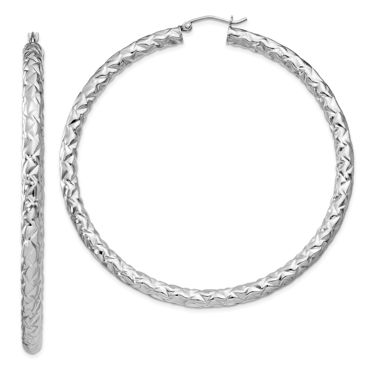 Sterling Silver Hoop Earrings with Diamond-Cut Textured Finish, Large Bold Statement Style