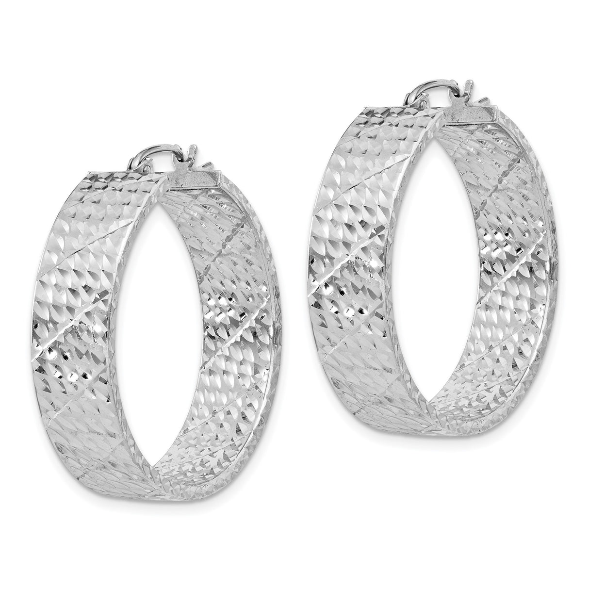 Sterling Silver Hoop Earrings with Wide Diamond-Cut Texture, Flat Round Design, Latch-Back Closure