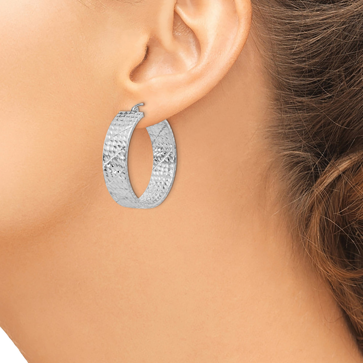 Sterling Silver Hoop Earrings with Wide Diamond-Cut Texture, Flat Round Design, Latch-Back Closure