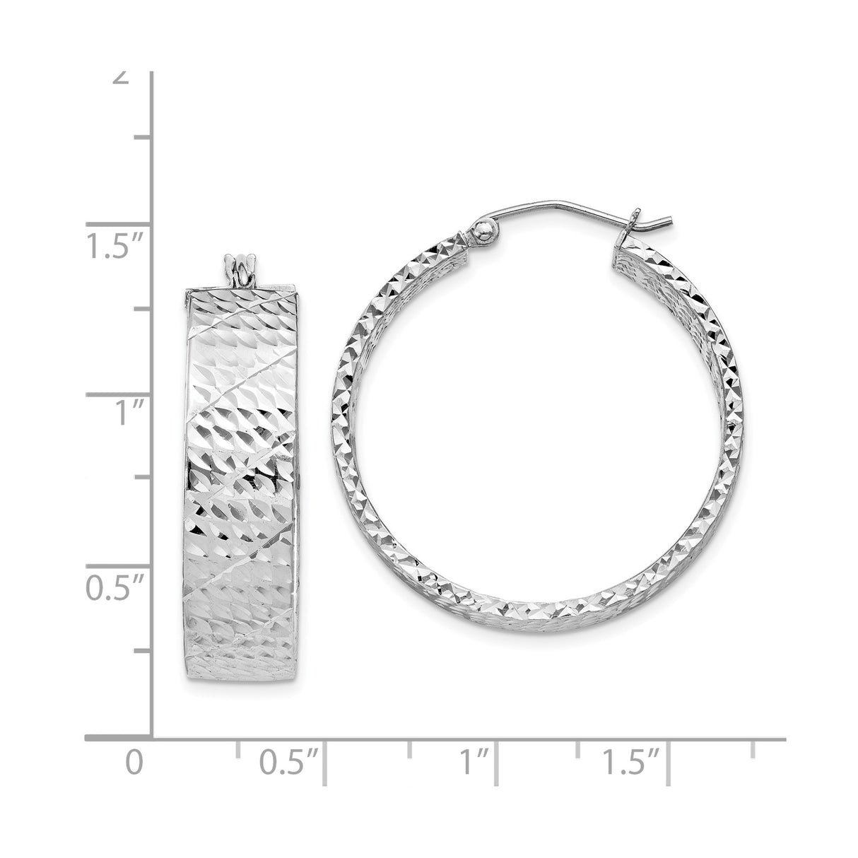 Sterling Silver Hoop Earrings with Wide Diamond-Cut Texture, Flat Round Design, Latch-Back Closure