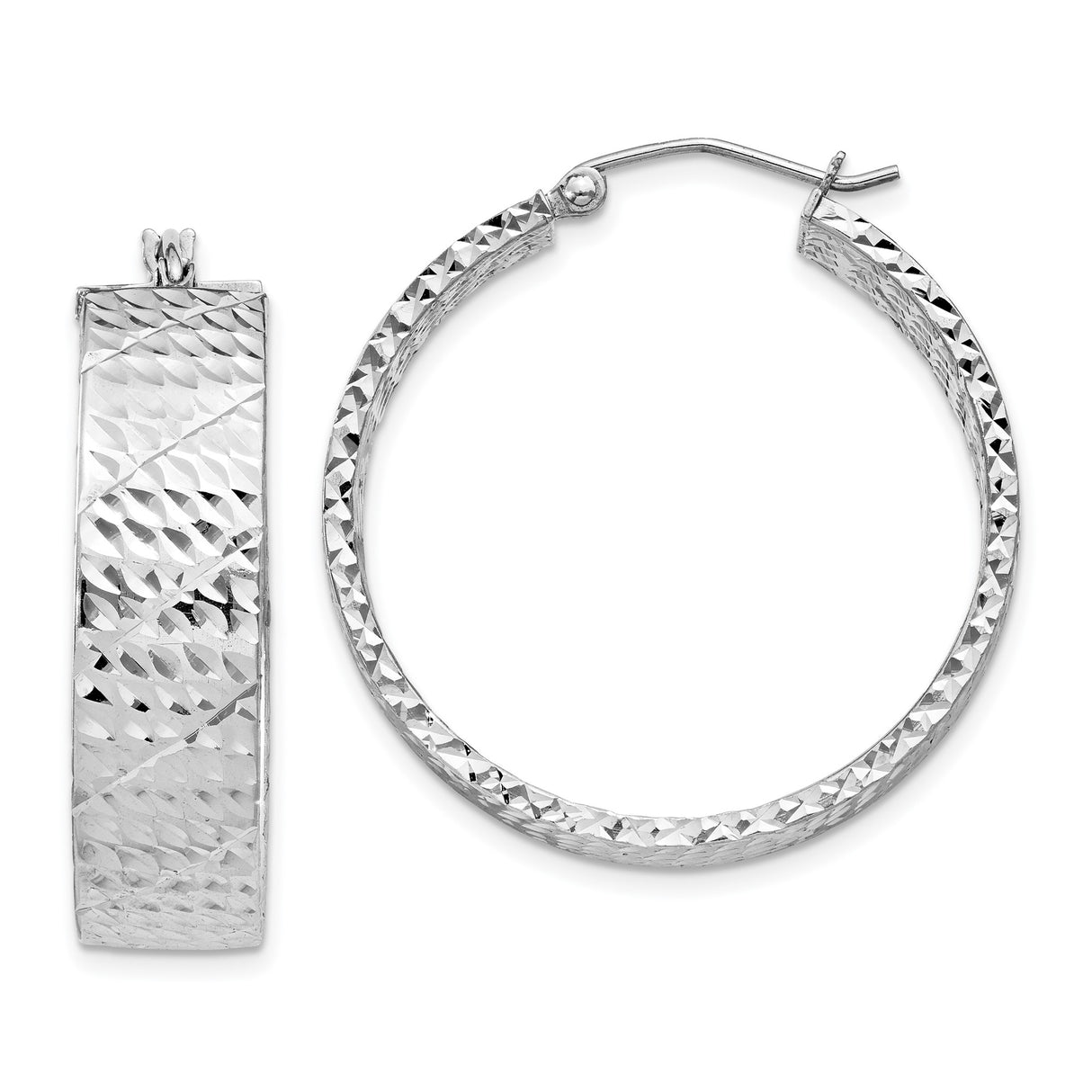 Sterling Silver Hoop Earrings with Wide Diamond-Cut Texture, Flat Round Design, Latch-Back Closure