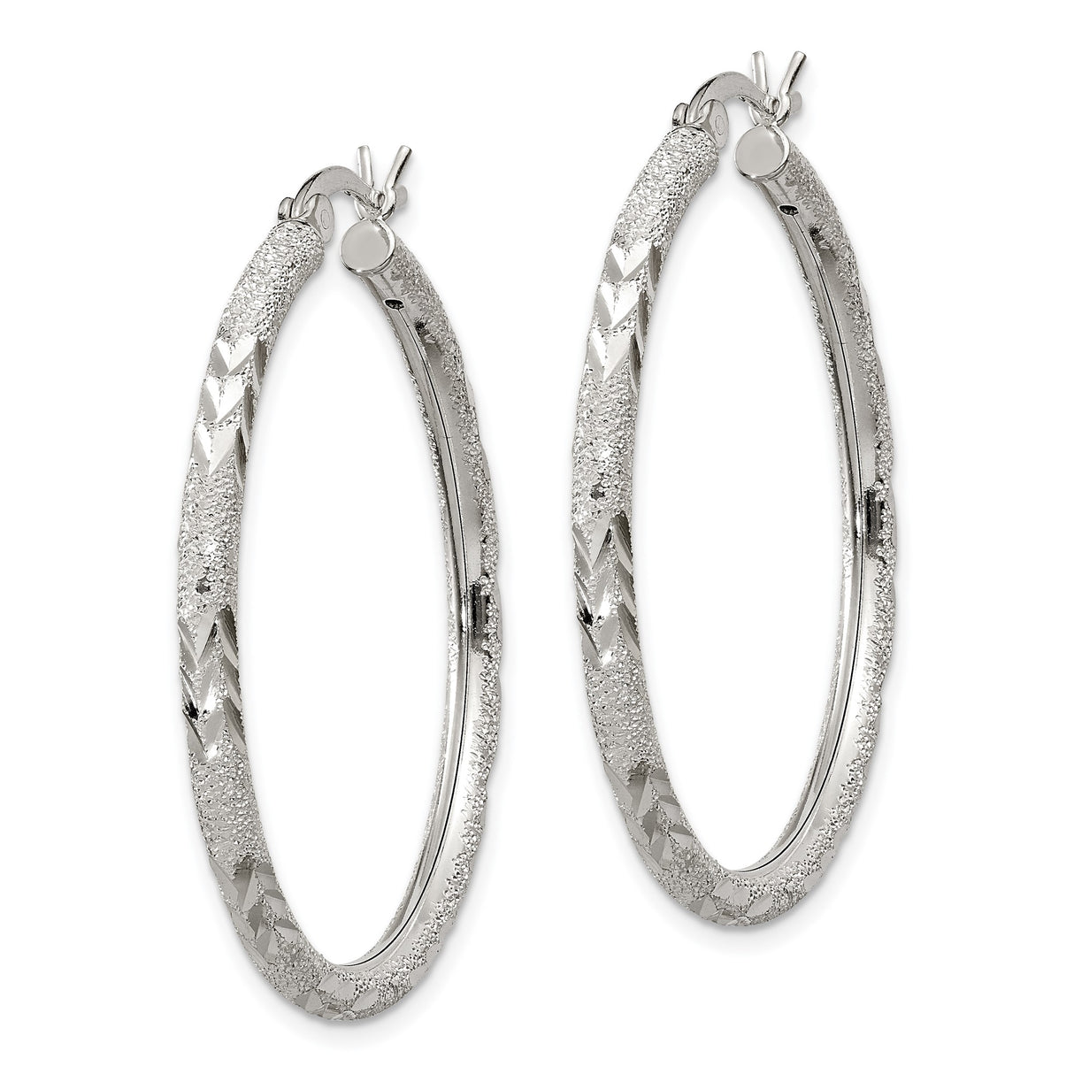 Sterling Silver Hoop Earrings, Textured Chevron Pattern with Polished and Diamond Cut Finish