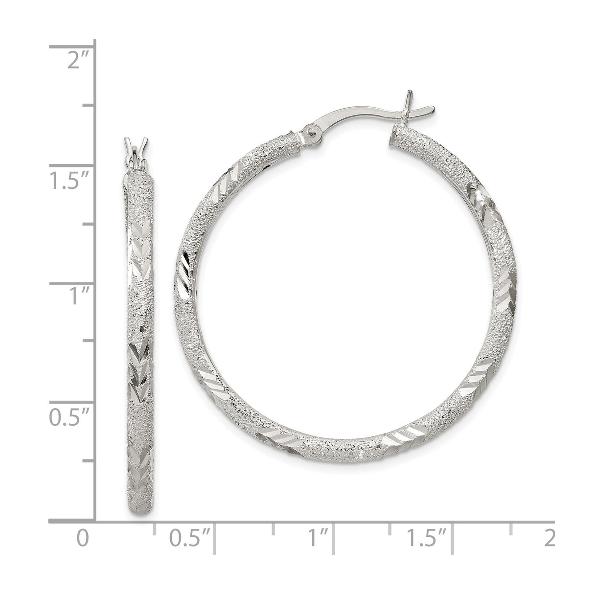 Sterling Silver Hoop Earrings, Textured Chevron Pattern with Polished and Diamond Cut Finish
