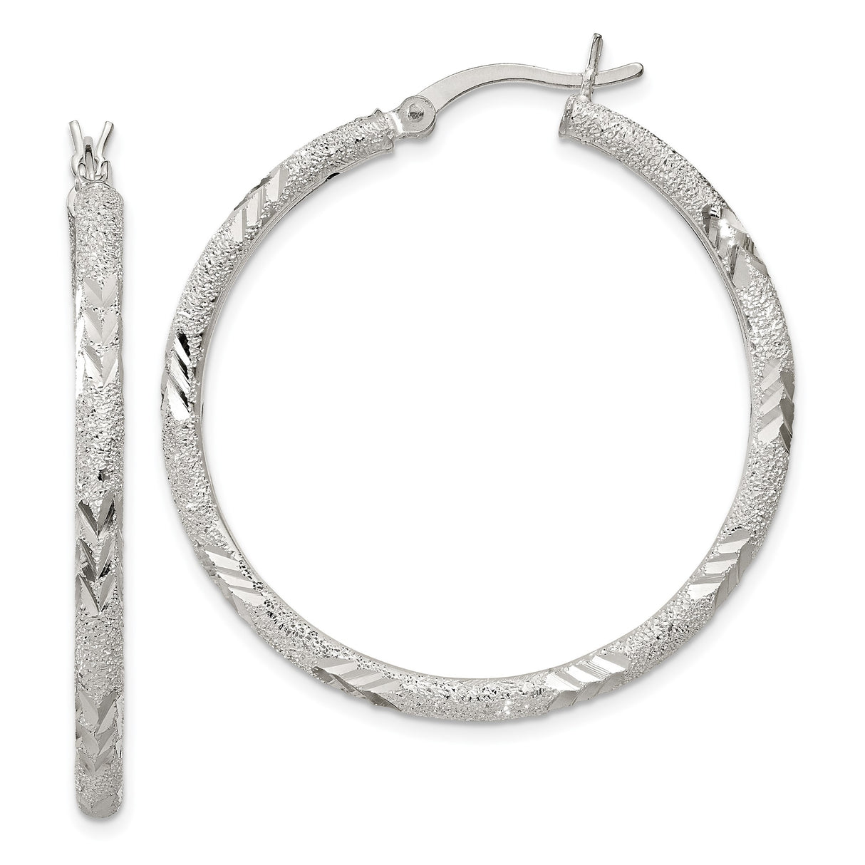 Sterling Silver Hoop Earrings, Textured Chevron Pattern with Polished and Diamond Cut Finish