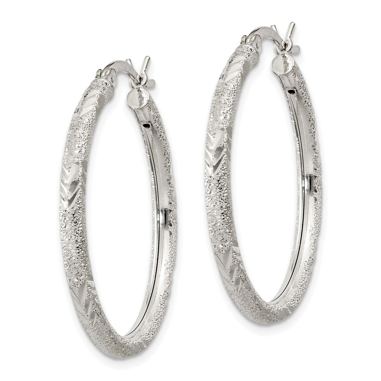 Sterling Silver Hoop Earrings with Textured Diamond Cut Finish, Hinged Closure, 14mm Medium Size