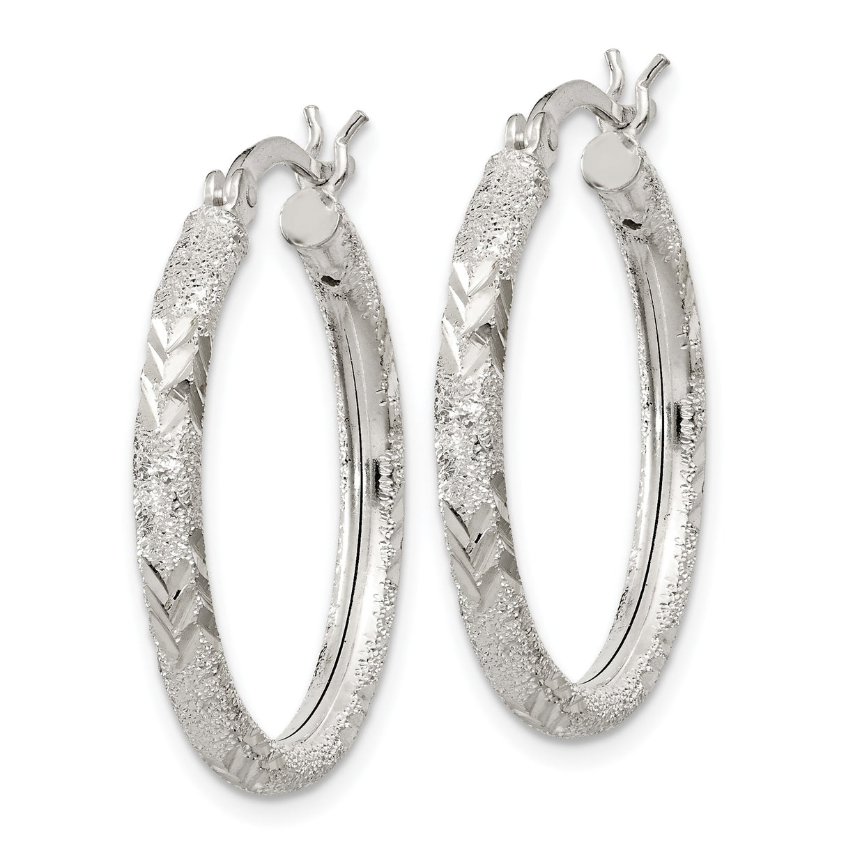 Sterling Silver Hoop Earrings, Textured Diamond-Cut Chevron Pattern, Latch-Back Closure