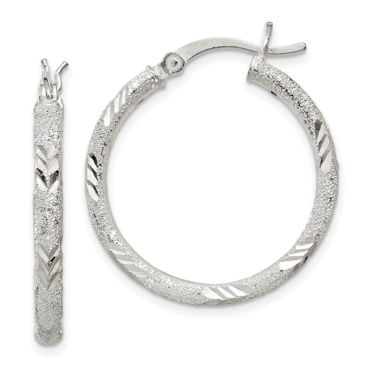 Sterling Silver Hoop Earrings, Textured Diamond-Cut Chevron Pattern, Latch-Back Closure