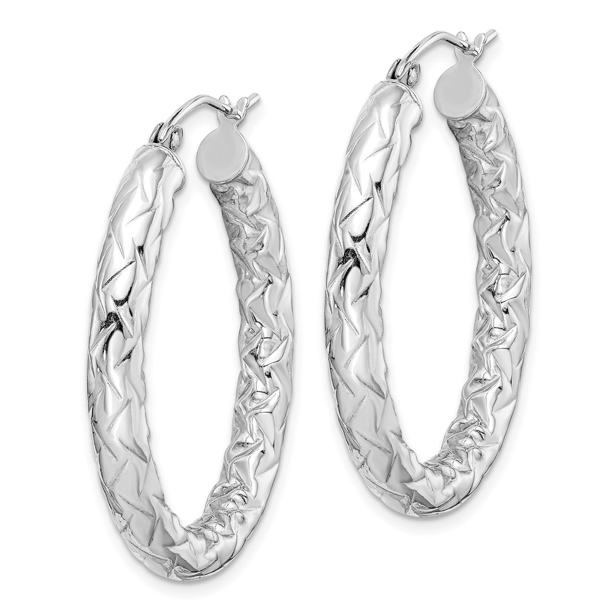 Sterling Silver Hoop Earrings with Diamond-Cut Texture, Classic Round Latch-Back Design