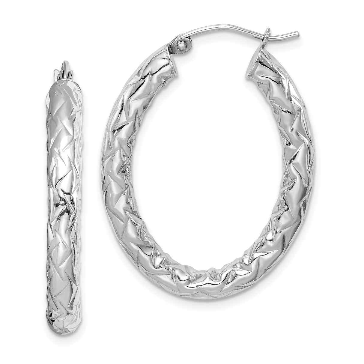 Sterling Silver Hoop Earrings with Diamond-Cut Texture, Classic Round Latch-Back Design