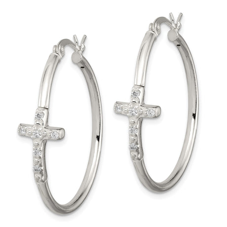 Sterling Silver Cross Hoop Earrings with Cubic Zirconia, Modern Faith Symbol Design