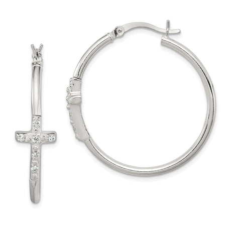 Sterling Silver Cross Hoop Earrings with Cubic Zirconia, Modern Faith Symbol Design
