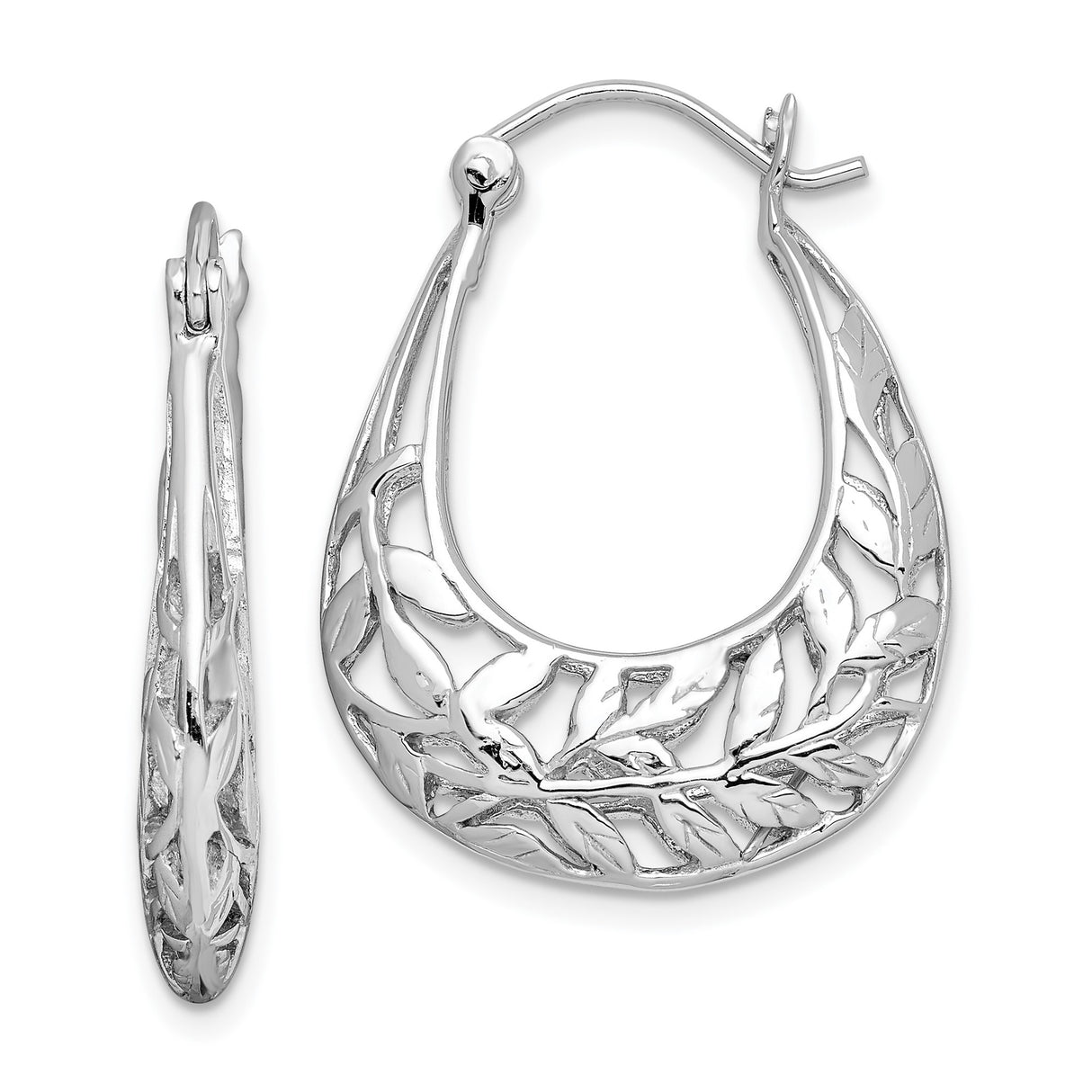 Sterling Silver Teardrop Hoop Earrings with Openwork Leaf Design, Botanical Style for Women