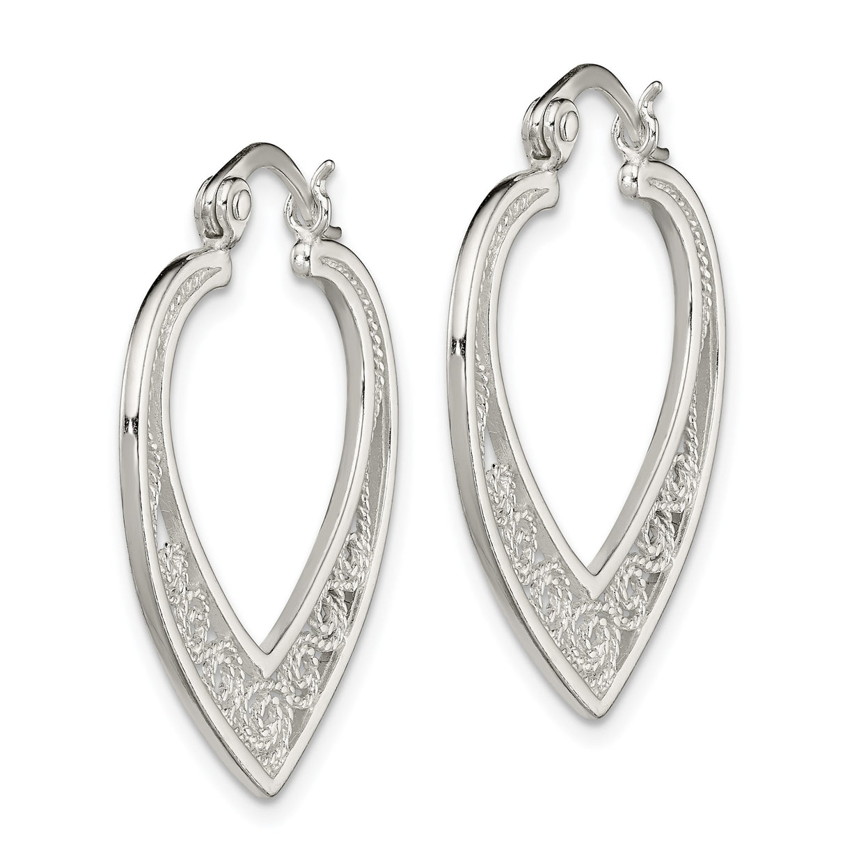 Sterling Silver Heart Shaped Filigree Hoop Earrings with Openwork Swirl Design for Women
