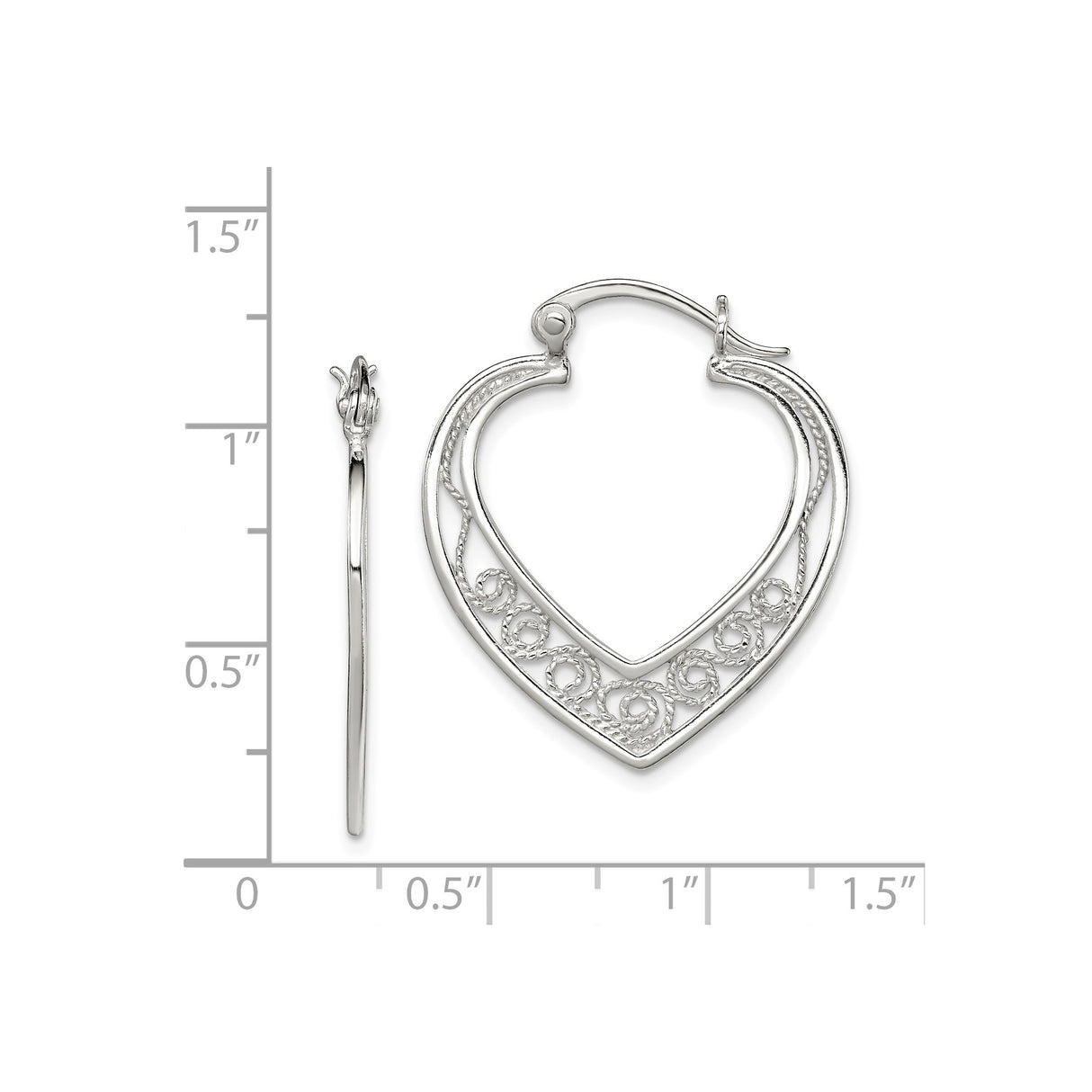 Sterling Silver Heart Shaped Filigree Hoop Earrings with Openwork Swirl Design for Women