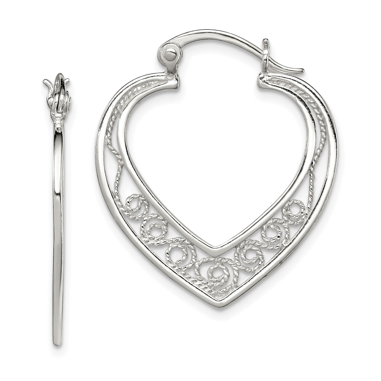 Sterling Silver Heart Shaped Filigree Hoop Earrings with Openwork Swirl Design for Women