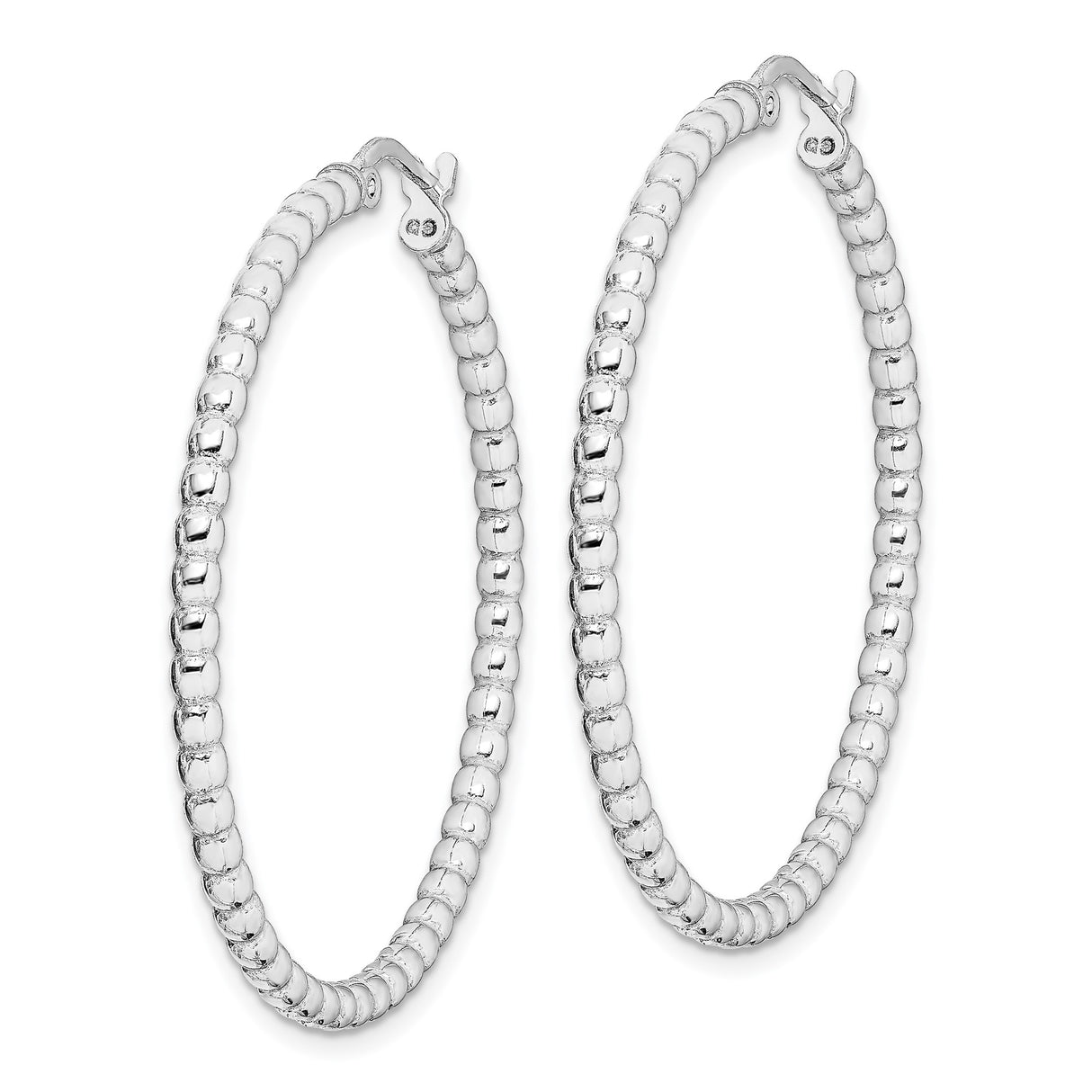 Sterling Silver Hoop Earrings, Large Beaded Polished Sphere Design, Rhodium Plated, Lightweight