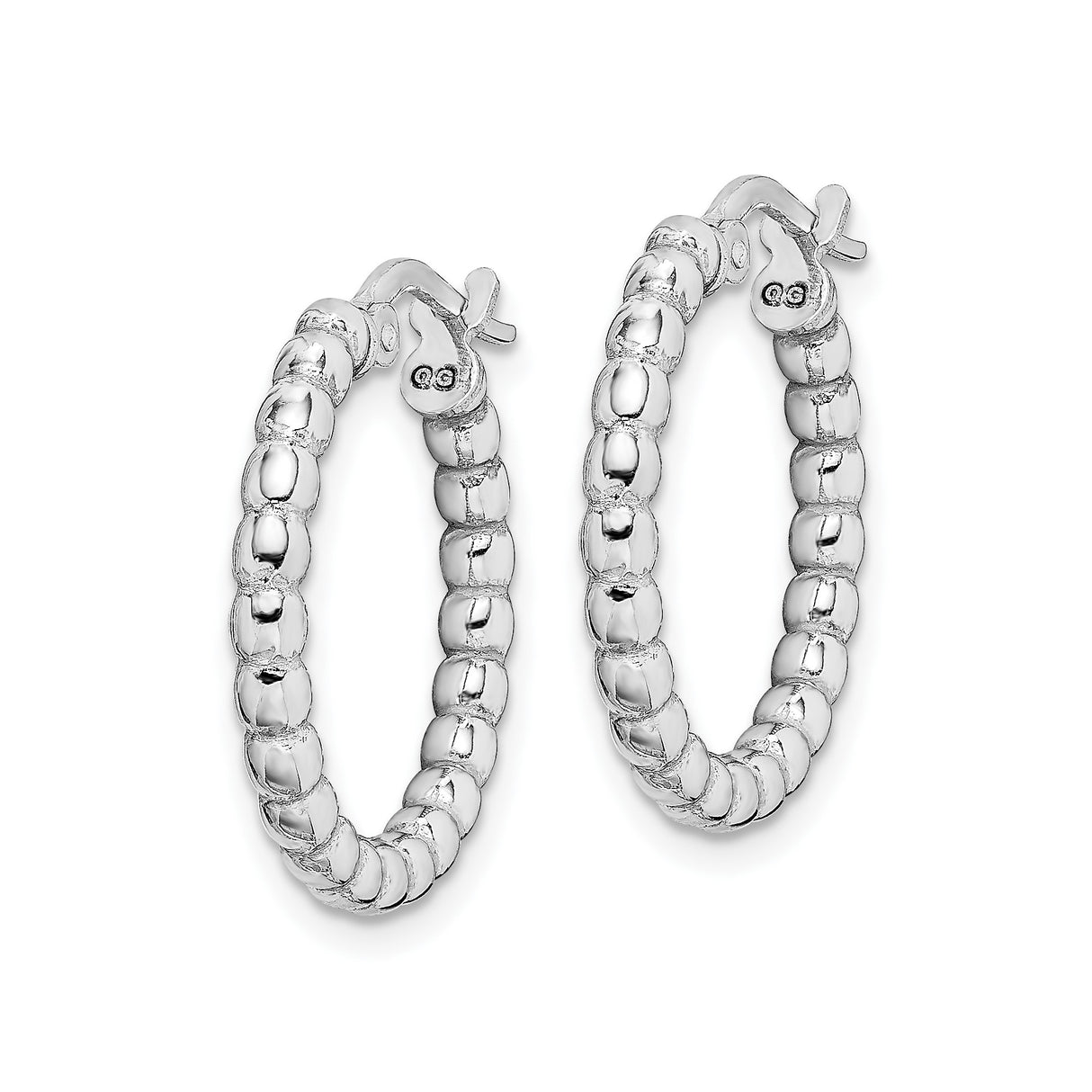 Sterling Silver Hoop Earrings with Beaded Texture and Polished Rhodium Finish