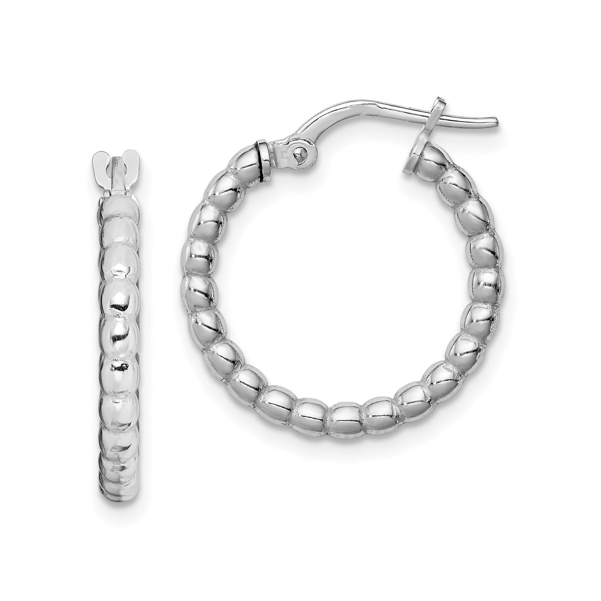 Sterling Silver Hoop Earrings with Beaded Texture and Polished Rhodium Finish