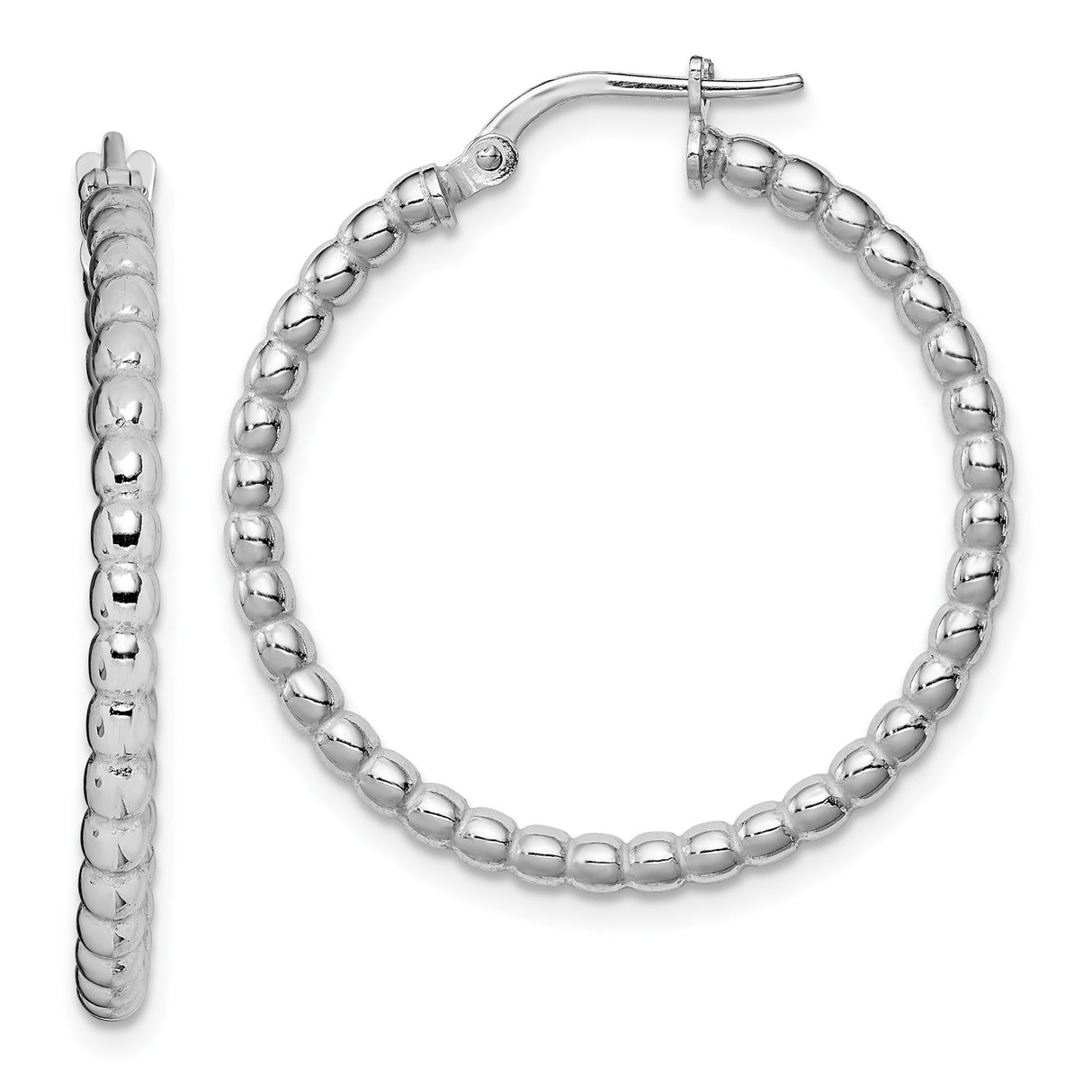 Sterling Silver Hoop Earrings with Polished Finish and 3mm Beaded Design for Women