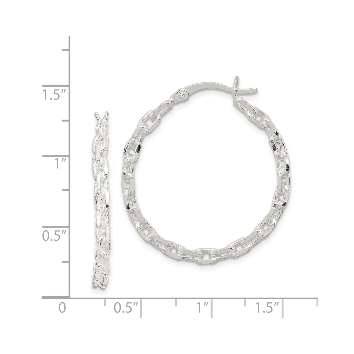 Sterling Silver Mariner Chain Hoop Earrings, Polished Link Design, Hinged Closure