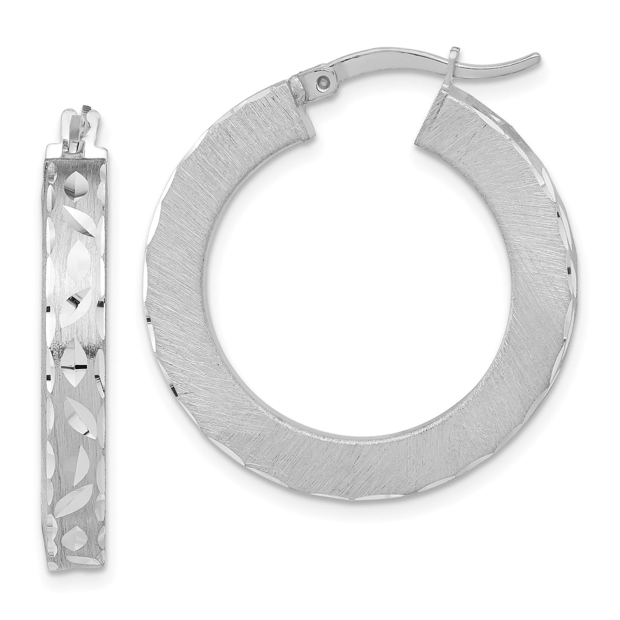 Sterling Silver Hoop Earrings with Textured Etched Round Design and Diamond Cut Detailing
