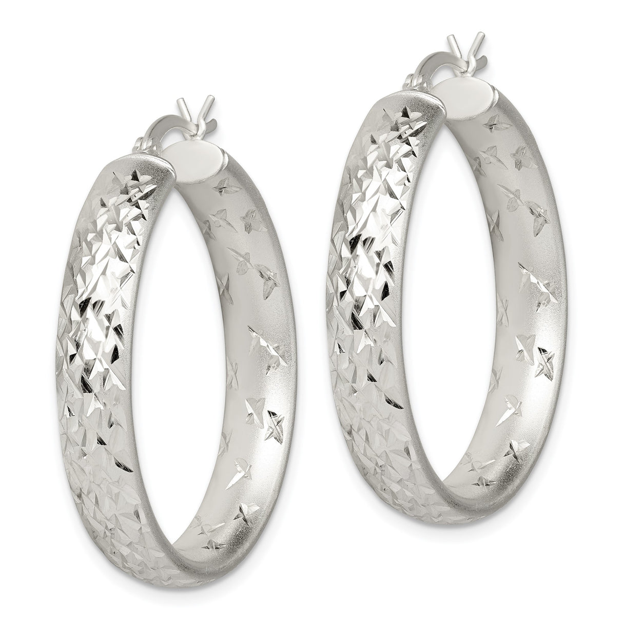 Sterling Silver Hoop Earrings with Diamond Cut Textured Finish, Rhodium Plated Round Design