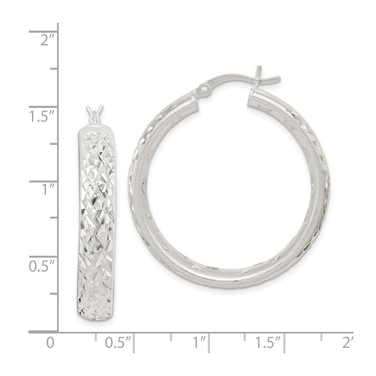 Sterling Silver Hoop Earrings with Diamond Cut Textured Finish, Rhodium Plated Round Design
