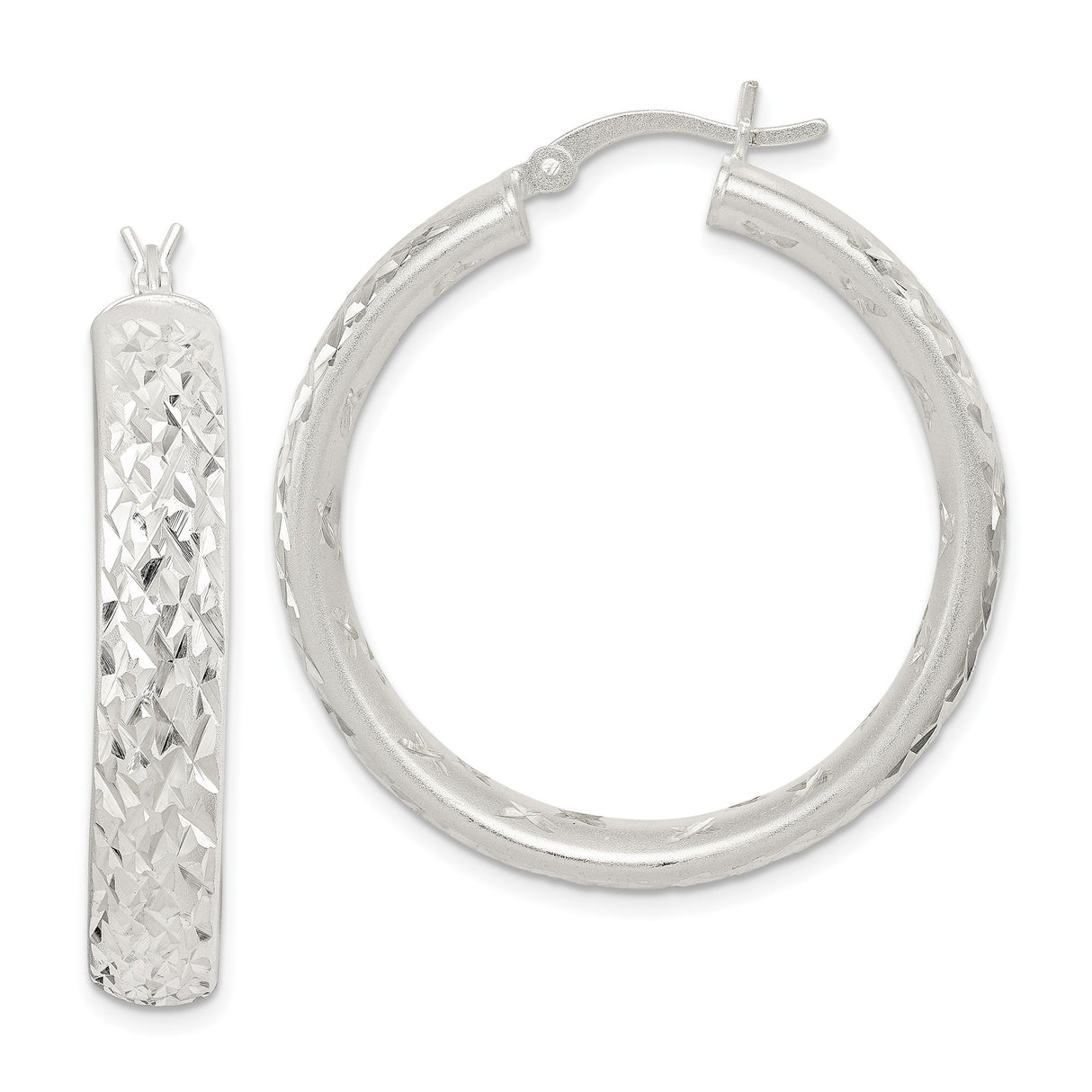 Sterling Silver Hoop Earrings with Diamond Cut Textured Finish, Rhodium Plated Round Design