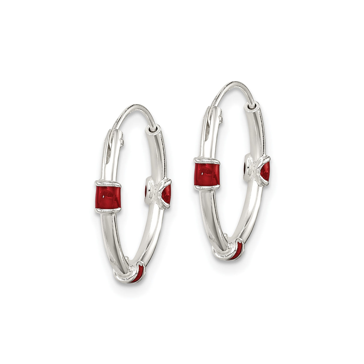 Sterling Silver Hoop Earrings with Red Enamel Accents, Segmented Modern Design