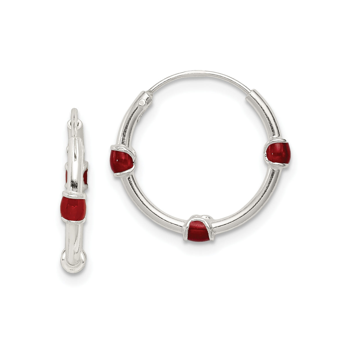 Sterling Silver Hoop Earrings with Red Enamel Accents, Segmented Modern Design