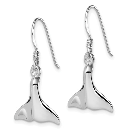 Sterling Silver Whale Tail Dangle Earrings, Polished Ocean-Inspired Nautical Jewelry for Women