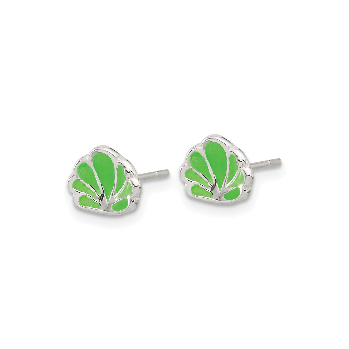 Sterling Silver Scallop Shell Stud Earrings with Green Enamel, Coastal Beach Style