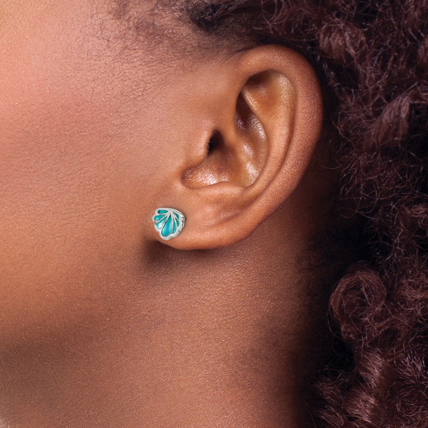 Sterling Silver Scallop Shell Stud Earrings with Green Enamel, Coastal Beach Style