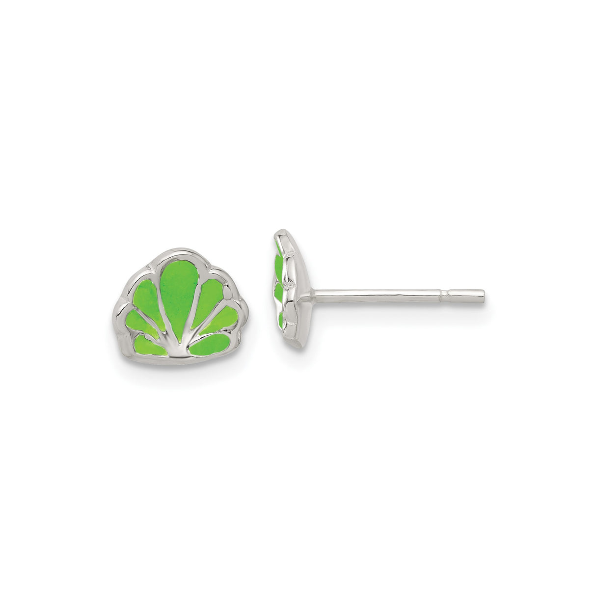 Sterling Silver Scallop Shell Stud Earrings with Green Enamel, Coastal Beach Style