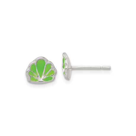Sterling Silver Scallop Shell Stud Earrings with Green Enamel, Coastal Beach Style