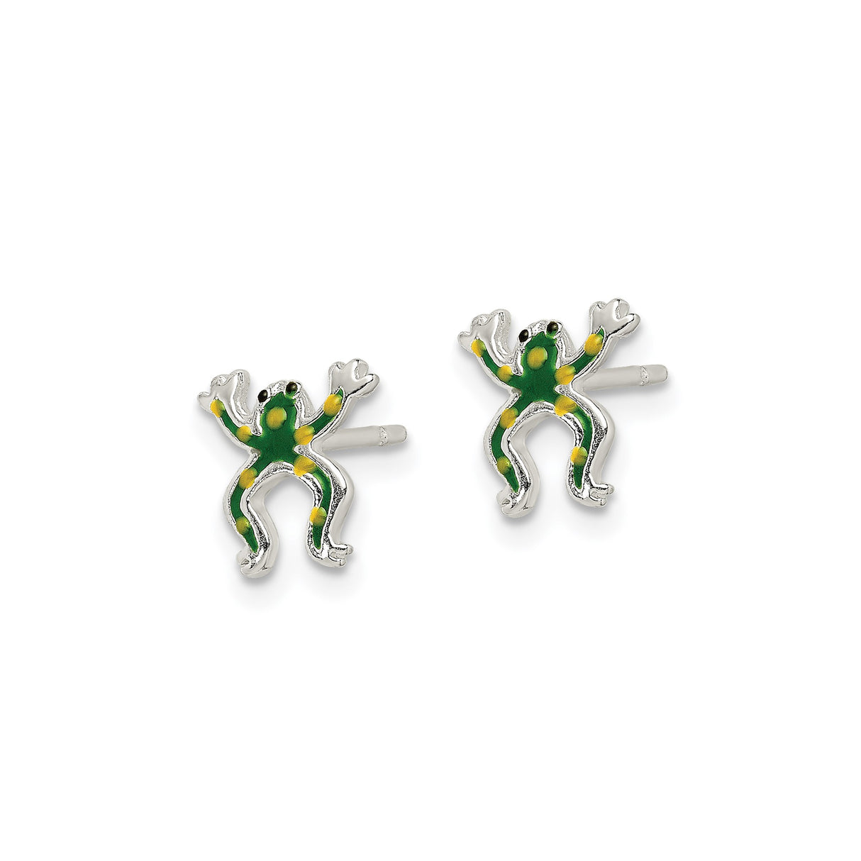 Sterling Silver Frog Stud Earrings with Green and Yellow Enamel, Whimsical Animal Design