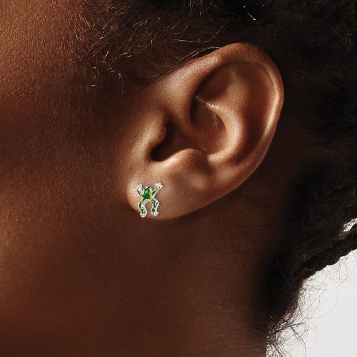 Sterling Silver Frog Stud Earrings with Green and Yellow Enamel, Whimsical Animal Design