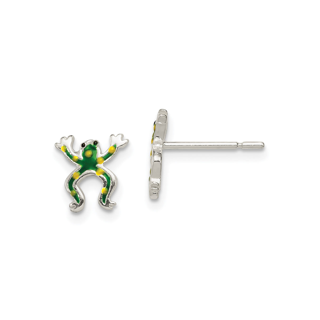 Sterling Silver Frog Stud Earrings with Green and Yellow Enamel, Whimsical Animal Design