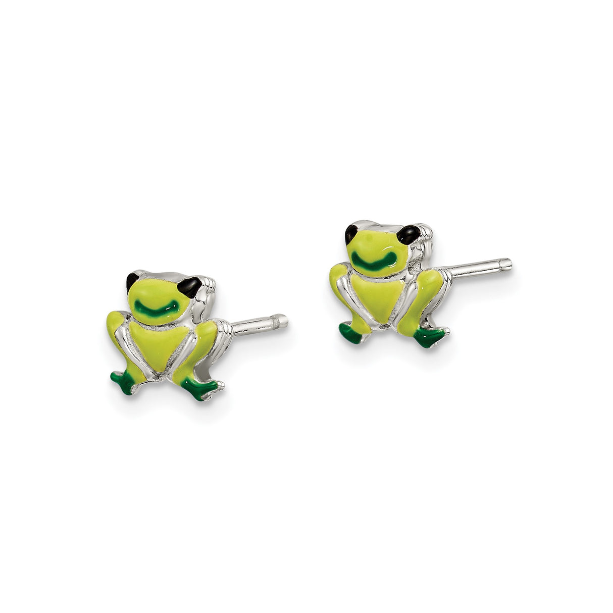 Sterling Silver Frog Stud Earrings with Green and Black Enamel, Whimsical Animal Design
