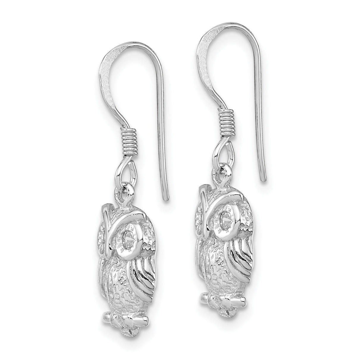 Sterling Silver Owl Dangle Earrings with Cubic Zirconia Eyes and Textured Feathers